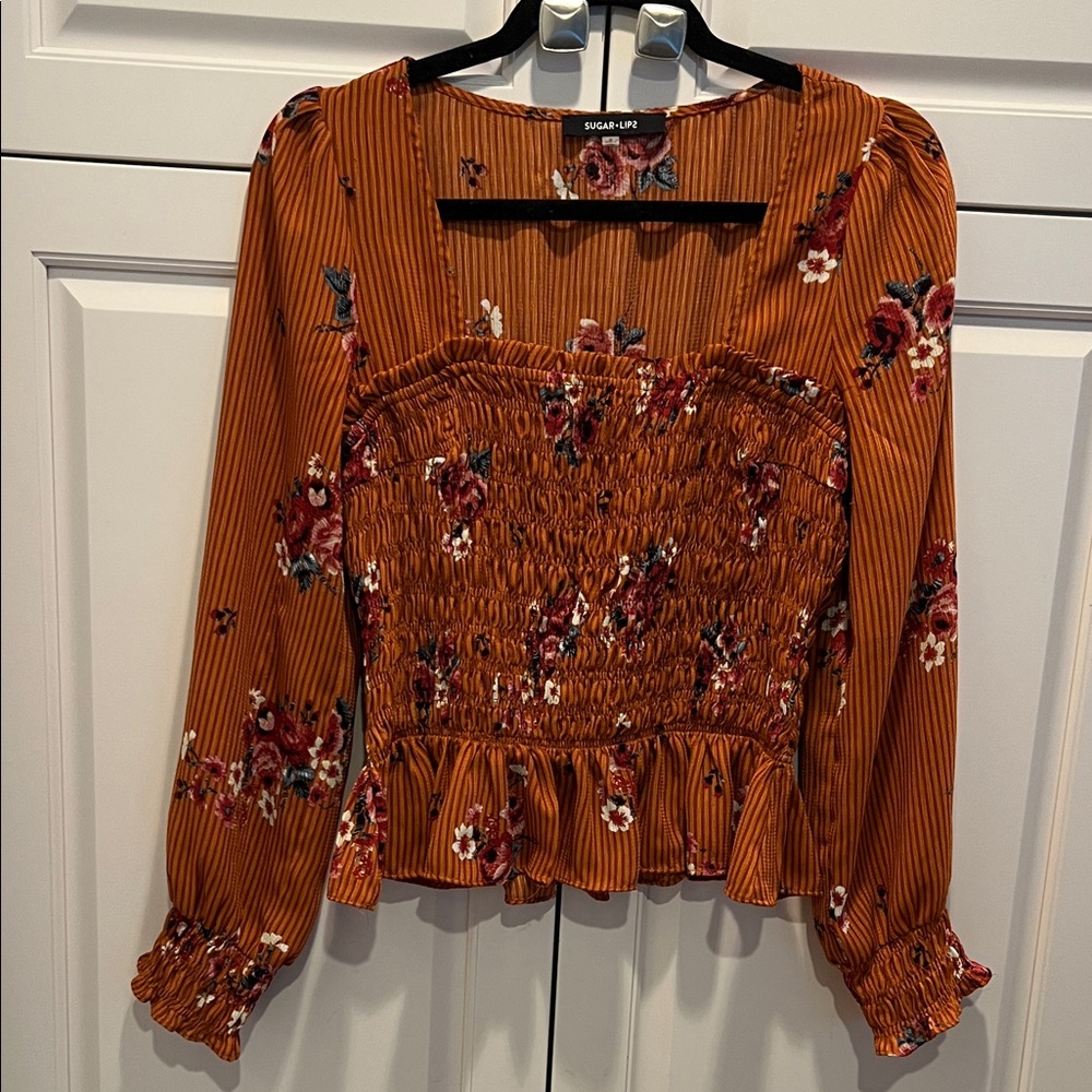 Sugarlips Floral Smocked Blouse - Rust and Burgundy